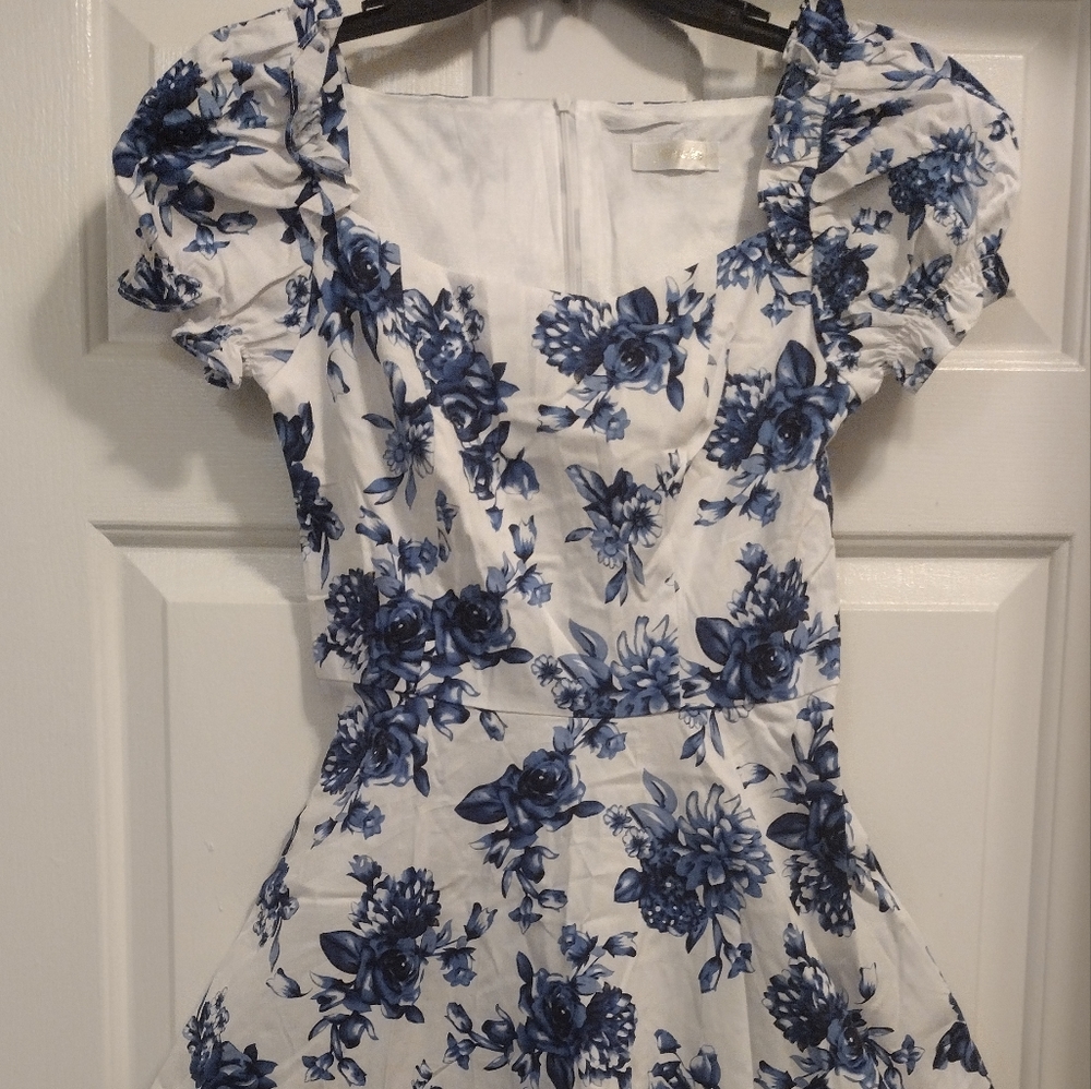 Beautiful white with Blue Roses dress, very feminine and sweet flowing dress